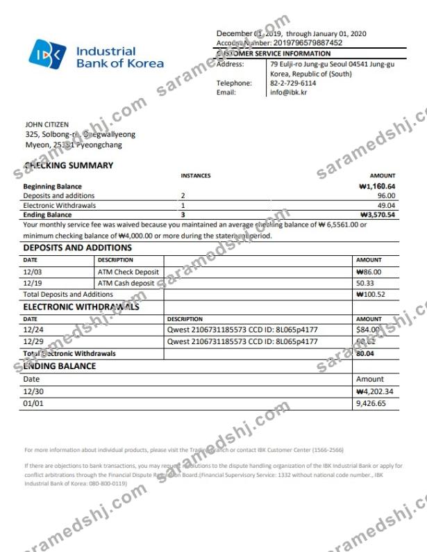South Korea Industrial Bank of Korea bank statement template in Word and PDF format